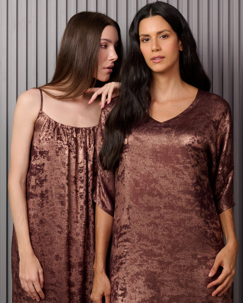 Shadow Of Sequin Shimmer Long Kaftan Dress With Side Slit - French Beige Party Dress