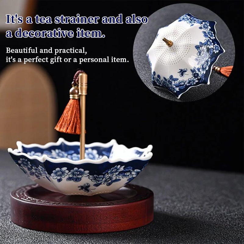 Blue & White Porcelain Umbrella Tea Strainer with Tassel – Chinese Style Ceramic Tea Filter