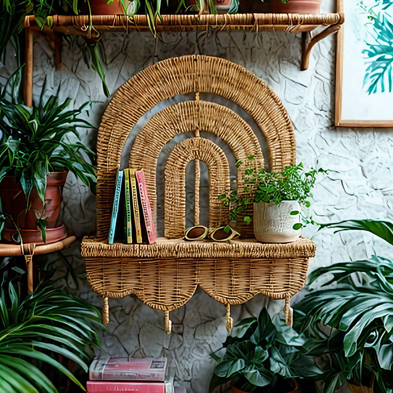 Woven Wall-Mounted Key Holder, Handmade Weaving Plant Shelf for Balcony Succulents and Green Plants, Decorative Rack for Kids' Room