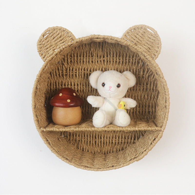 Cat Ear Eco-Friendly Paper Rope Woven Storage Rack Round Organizer Basket Wall-Mounted Cosmetic and Decorative Display Shelf