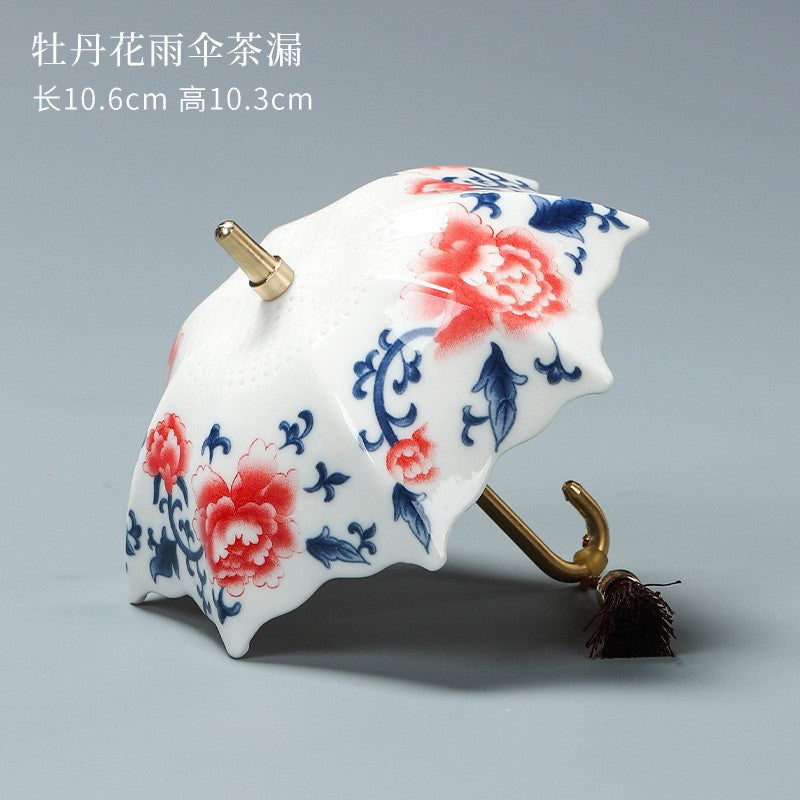Blue & White Porcelain Umbrella Tea Strainer with Tassel – Chinese Style Ceramic Tea Filter