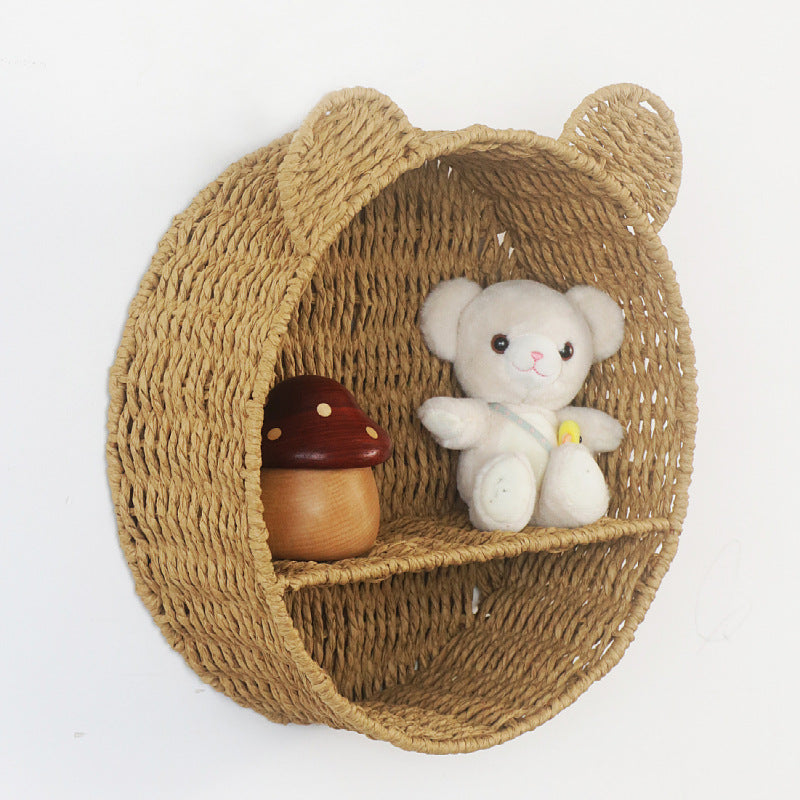 Cat Ear Eco-Friendly Paper Rope Woven Storage Rack Round Organizer Basket Wall-Mounted Cosmetic and Decorative Display Shelf
