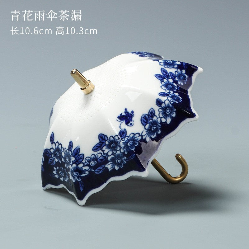 Blue & White Porcelain Umbrella Tea Strainer with Tassel – Chinese Style Ceramic Tea Filter