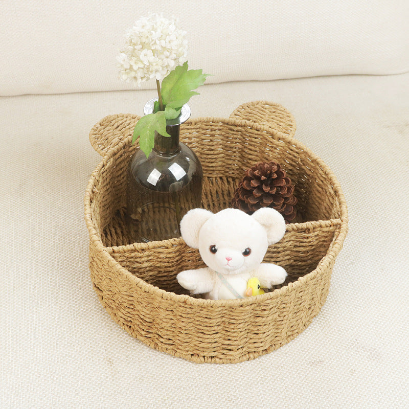 Cat Ear Eco-Friendly Paper Rope Woven Storage Rack Round Organizer Basket Wall-Mounted Cosmetic and Decorative Display Shelf