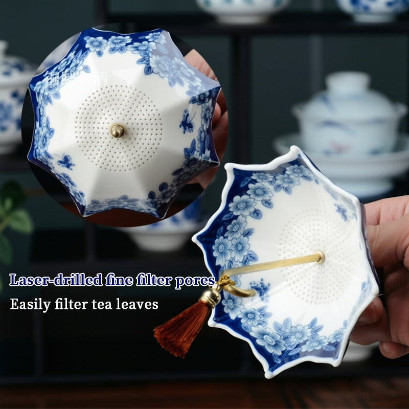 Blue & White Porcelain Umbrella Tea Strainer with Tassel – Chinese Style Ceramic Tea Filter