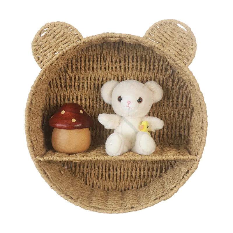 Cat Ear Eco-Friendly Paper Rope Woven Storage Rack Round Organizer Basket Wall-Mounted Cosmetic and Decorative Display Shelf