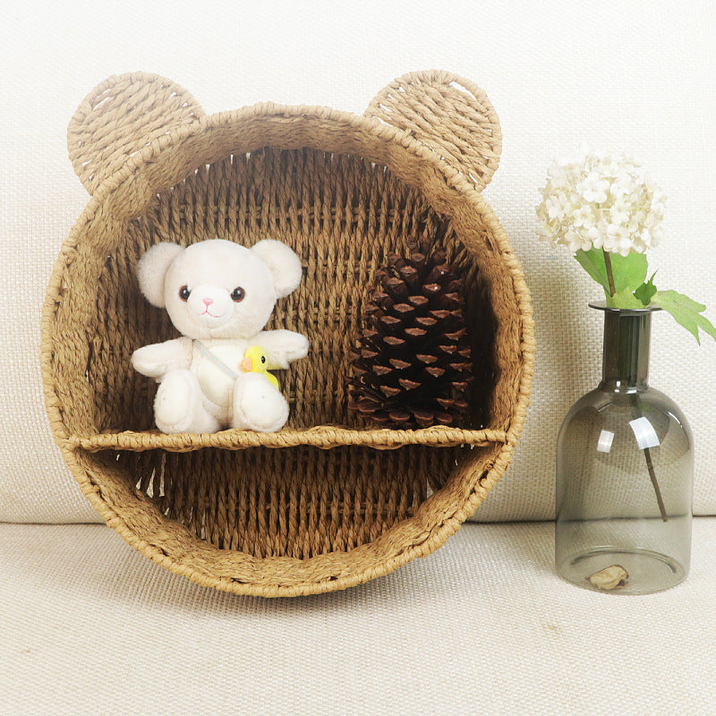 Cat Ear Eco-Friendly Paper Rope Woven Storage Rack Round Organizer Basket Wall-Mounted Cosmetic and Decorative Display Shelf