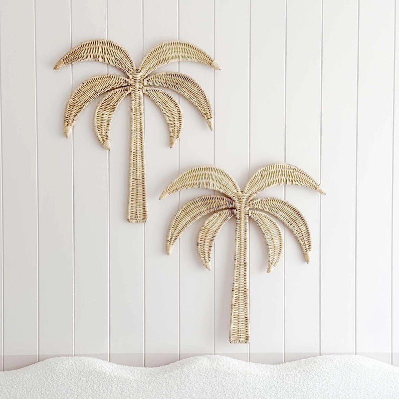 Nordic Style Rattan Coconut Tree Wall Hanging Decoration Hand-Woven Storage Decorative Wall Art for Background Wall Decoration