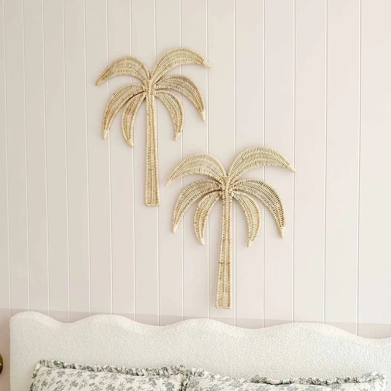 Nordic Style Rattan Coconut Tree Wall Hanging Decoration Hand-Woven Storage Decorative Wall Art for Background Wall Decoration