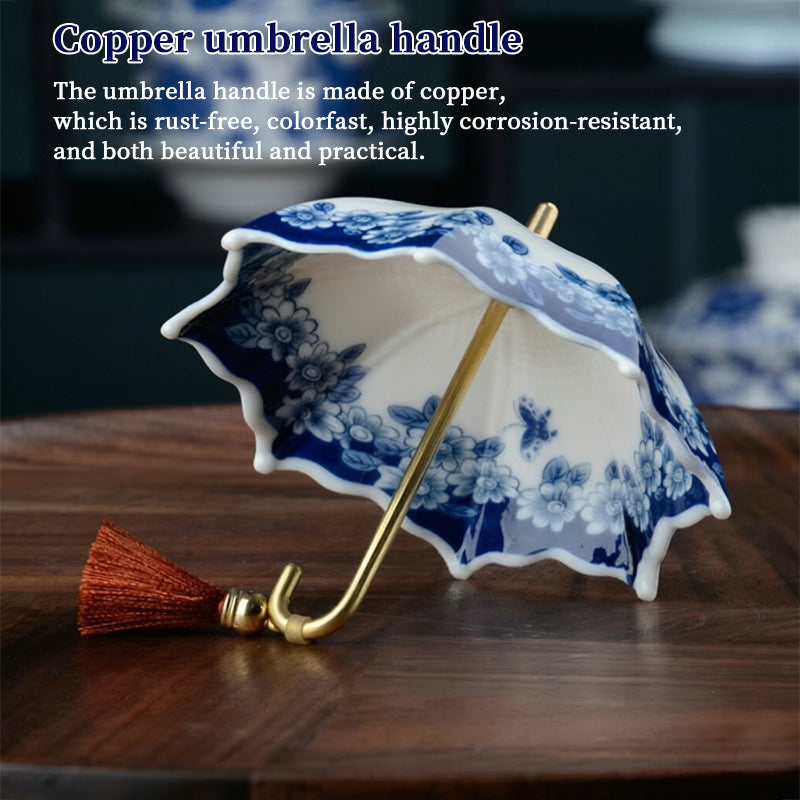 Blue & White Porcelain Umbrella Tea Strainer with Tassel – Chinese Style Ceramic Tea Filter