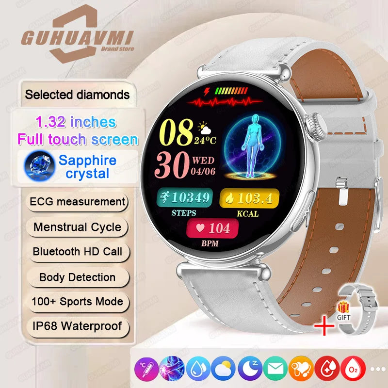 ECG Smart Watch Women 1.32inch AMOLED Screen Sport Watch Blood Pressure Micro physical examination AI dial SmartWatch For Women