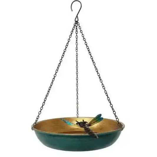Teal Blue Metal Hanging Bird Bath With Dragonfly Ornament Outdoor Garden Hanging Water Basin Wild Bird Feeder Tray With Chain