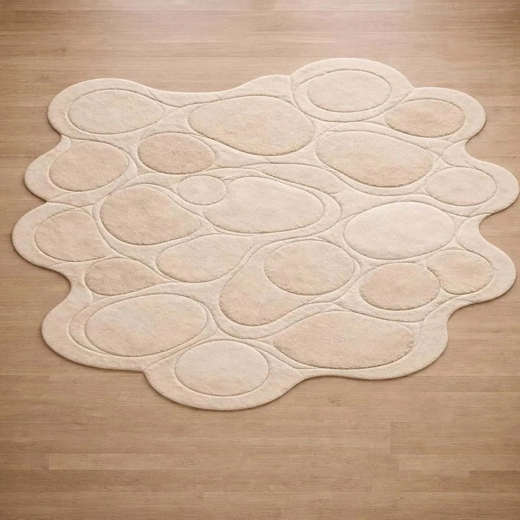 Contemporary Hand Tufted Pebble Pattern Area Rug Beige Organic Shape Soft Designer Carpet Modern Home Living Room Bedroom Decor