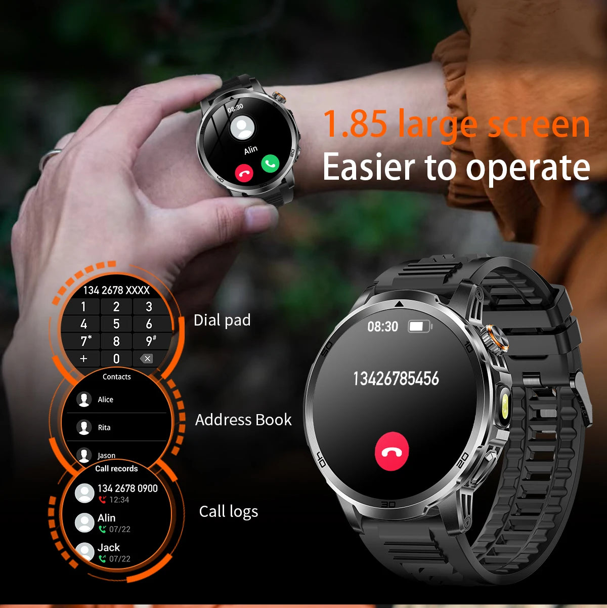 2026 New Outdoor Military Smart Watch For Men 1.85" AMOLED 1000mAh Battery IP69K Swim Flashlight Heart Rate Wireless Call Watchs