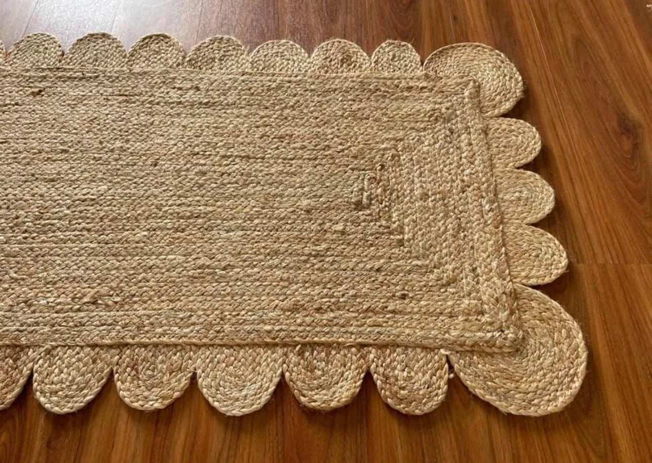Natural Jute Solid Color Handmade Low Pile Thin Runner Rug Scalloped Edges Eco-Friendly Boho Farmhouse Hallway for Home Decor