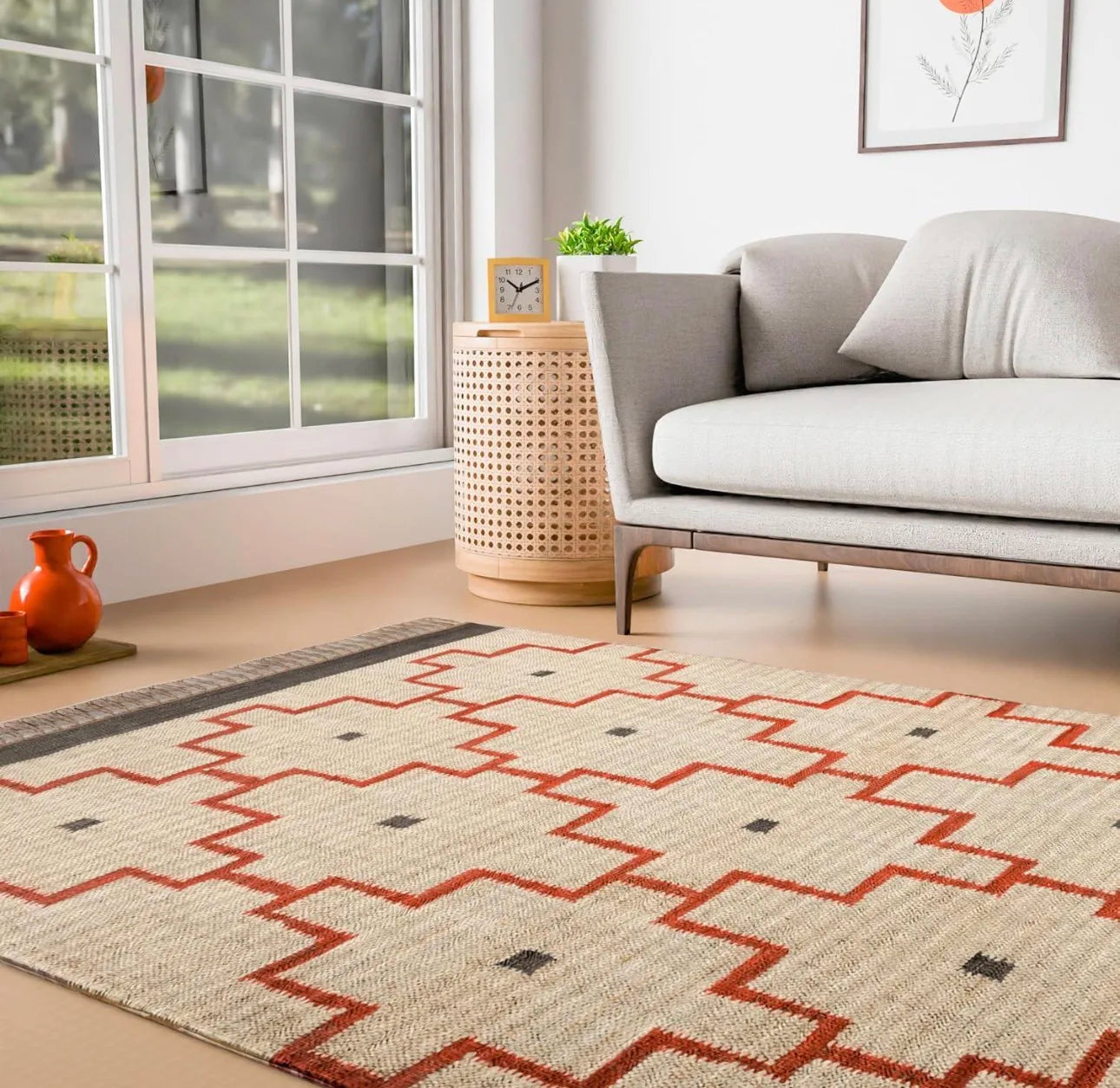 Geometric Pattern Jute Rug with Tassel Fringe – Eco-Friendly Boho Cotton Blend Carpet for Living Room & Home Decor