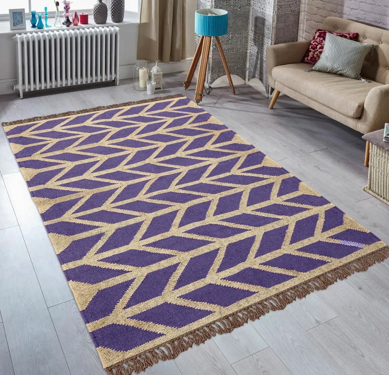 Handwoven Jute Rug with Geometric Pattern Eco-Friendly Durable Modern Medium Pile Floor Carpet for Living Room Home Decor