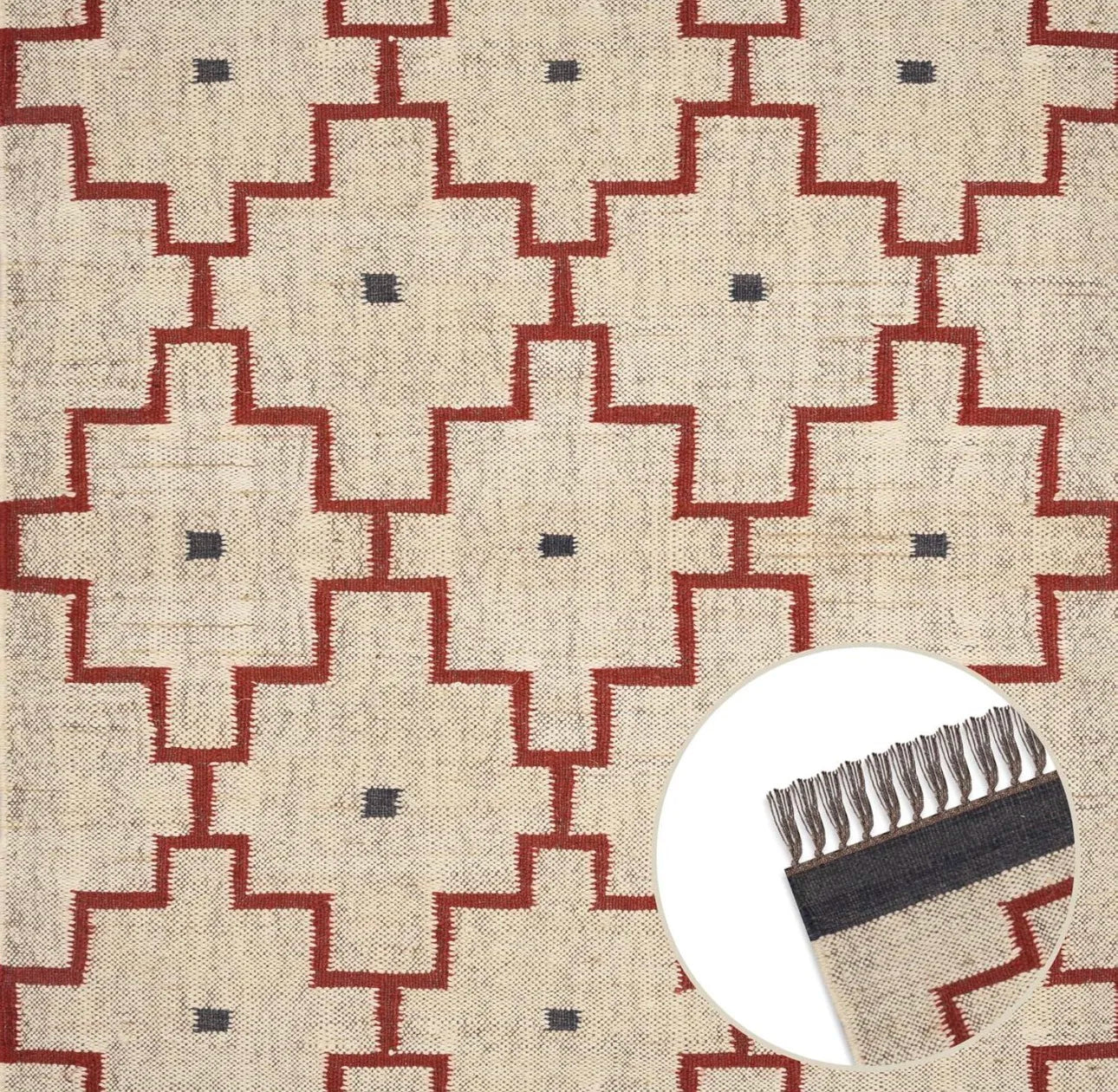 Geometric Pattern Jute Rug with Tassel Fringe – Eco-Friendly Boho Cotton Blend Carpet for Living Room & Home Decor