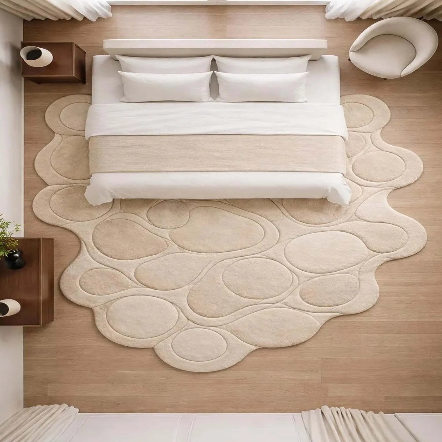Contemporary Hand Tufted Pebble Pattern Area Rug Beige Organic Shape Soft Designer Carpet Modern Home Living Room Bedroom Decor