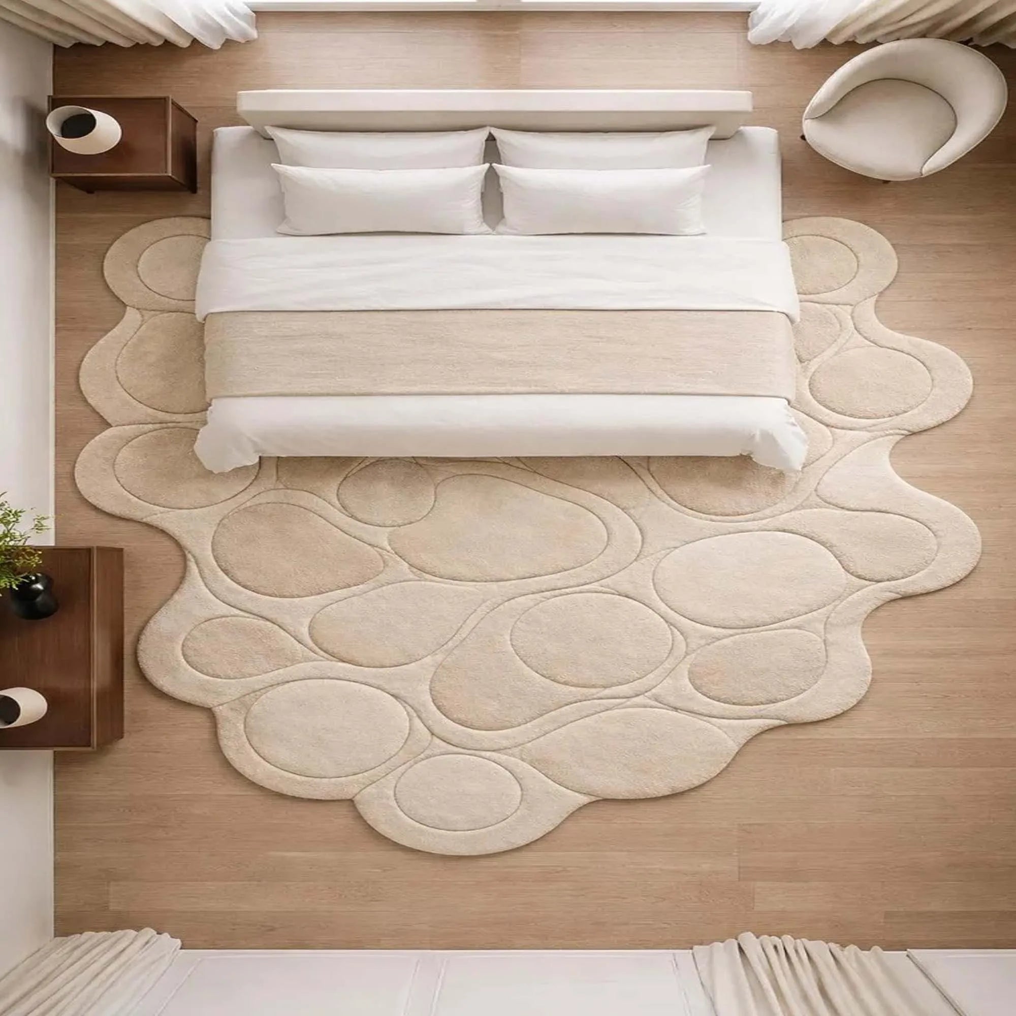Contemporary Hand Tufted Pebble Pattern Area Rug Beige Organic Shape Soft Designer Carpet Modern Home Living Room Bedroom Decor