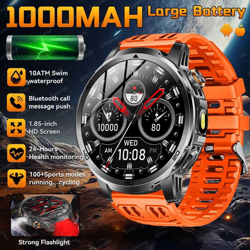 2026 New Outdoor Military Smart Watch For Men 1.85" AMOLED 1000mAh Battery IP69K Swim Flashlight Heart Rate Wireless Call Watchs