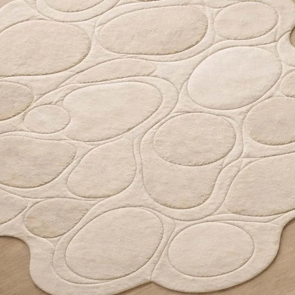 Contemporary Hand Tufted Pebble Pattern Area Rug Beige Organic Shape Soft Designer Carpet Modern Home Living Room Bedroom Decor