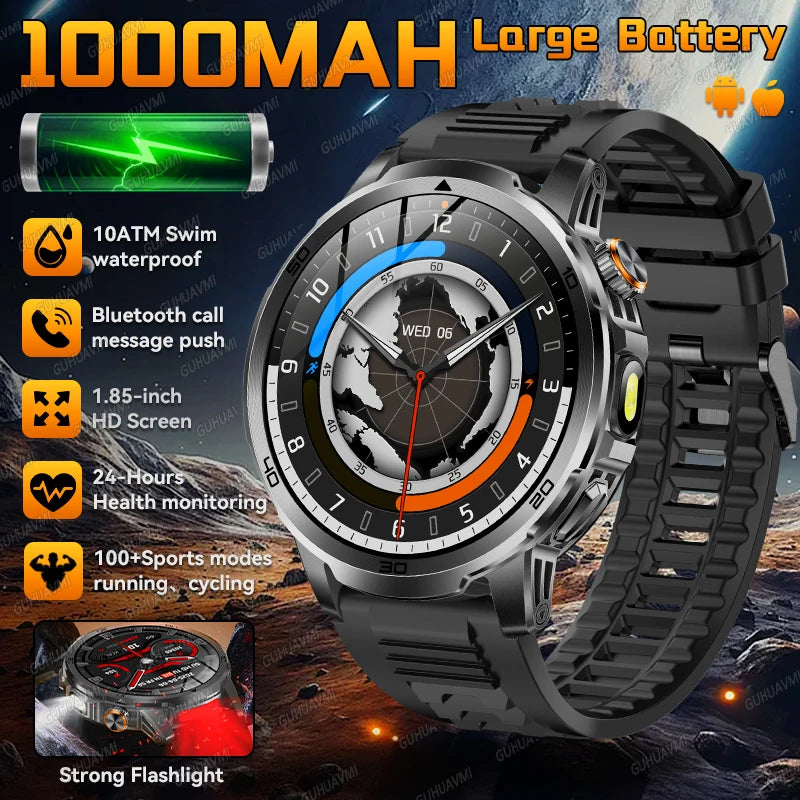 2026 New Outdoor Military Smart Watch For Men 1.85" AMOLED 1000mAh Battery IP69K Swim Flashlight Heart Rate Wireless Call Watchs