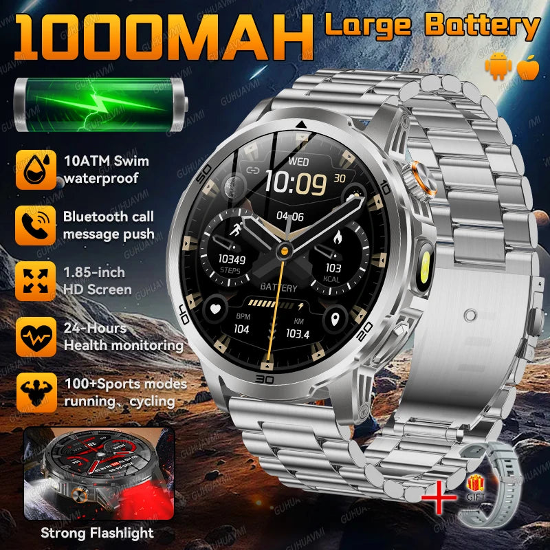 2026 New Outdoor Military Smart Watch For Men 1.85" AMOLED 1000mAh Battery IP69K Swim Flashlight Heart Rate Wireless Call Watchs
