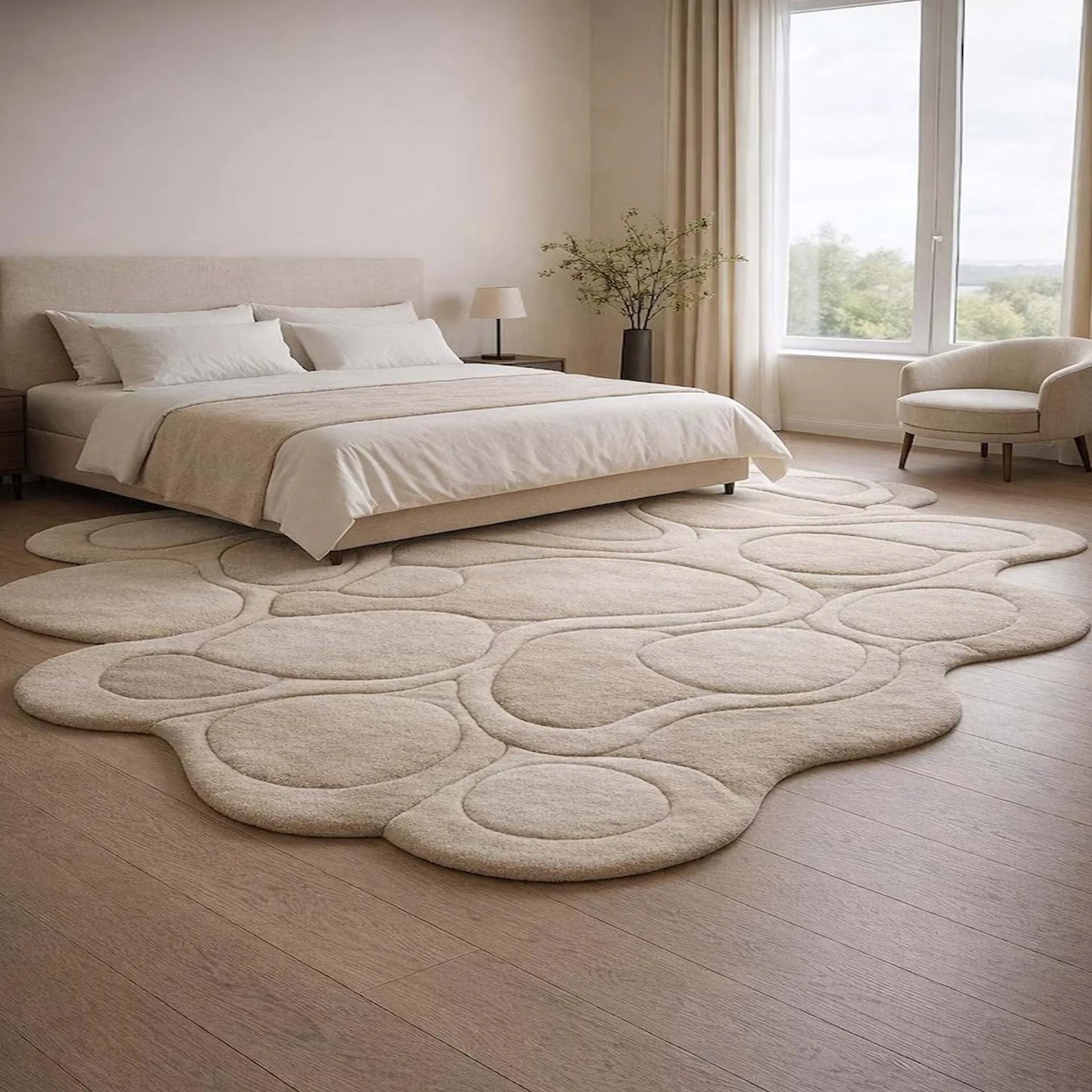 Contemporary Hand Tufted Pebble Pattern Area Rug Beige Organic Shape Soft Designer Carpet Modern Home Living Room Bedroom Decor