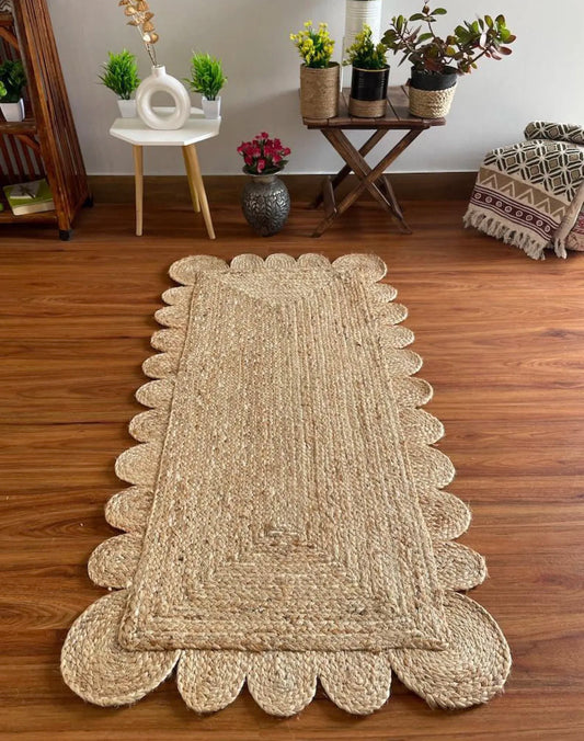 Natural Jute Solid Color Handmade Low Pile Thin Runner Rug Scalloped Edges Eco-Friendly Boho Farmhouse Hallway for Home Decor