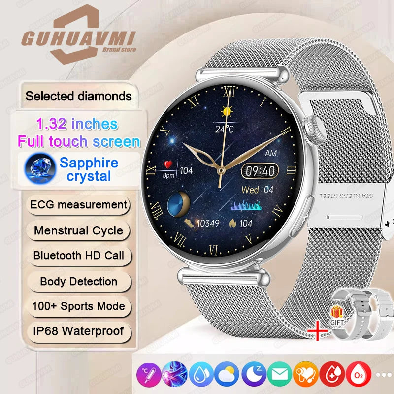 ECG Smart Watch Women 1.32inch AMOLED Screen Sport Watch Blood Pressure Micro physical examination AI dial SmartWatch For Women