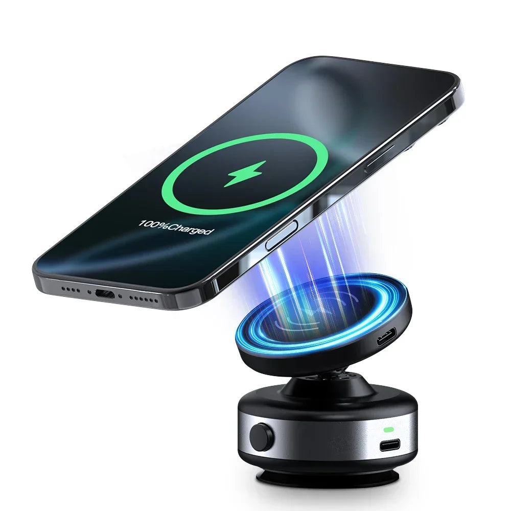 Electric Vacuum Suction Car Phone Holder 15W Wireless Charge 360° Rotation N52 Strong Magnetic Bracket for iPhone 12-16 Pro Max