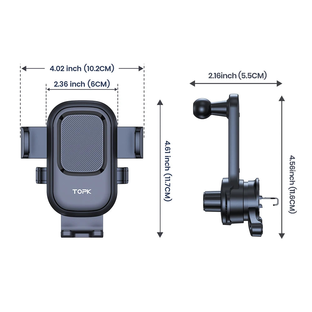 TOPK Car Phone Holder 3-Point Support 360°  Upgraded Extended Hook Design Metal Air Vent Mount Stable Hold for iPhones Androids
