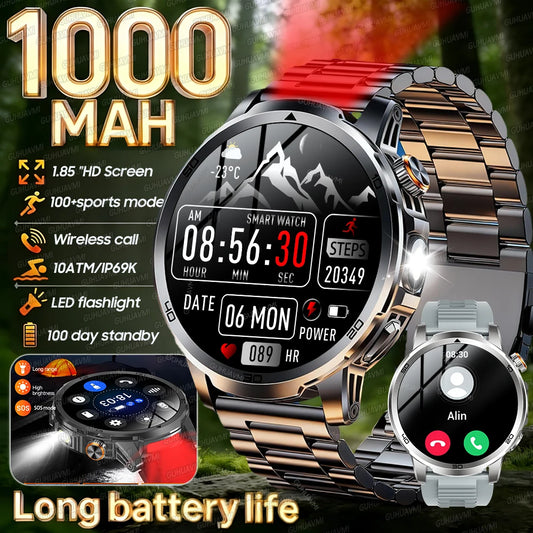 2026 New Outdoor Military Smart Watch For Men 1.85" AMOLED 1000mAh Battery IP69K Swim Flashlight Heart Rate Wireless Call Watchs