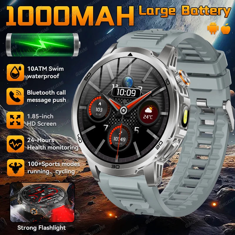 2026 New Outdoor Military Smart Watch For Men 1.85" AMOLED 1000mAh Battery IP69K Swim Flashlight Heart Rate Wireless Call Watchs