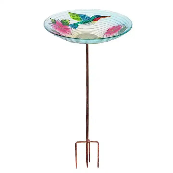 Solar Glass Peacock Bird Bath Stake Colorful Feather Design Lighted Outdoor Garden Birdbath Wild Bird Feeder Landscape Art Bowl