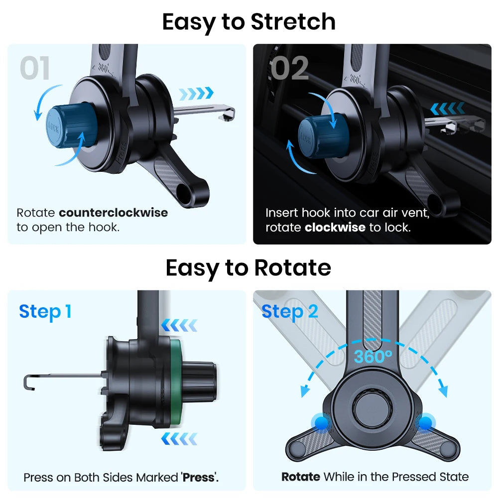 TOPK Car Phone Holder 3-Point Support 360°  Upgraded Extended Hook Design Metal Air Vent Mount Stable Hold for iPhones Androids