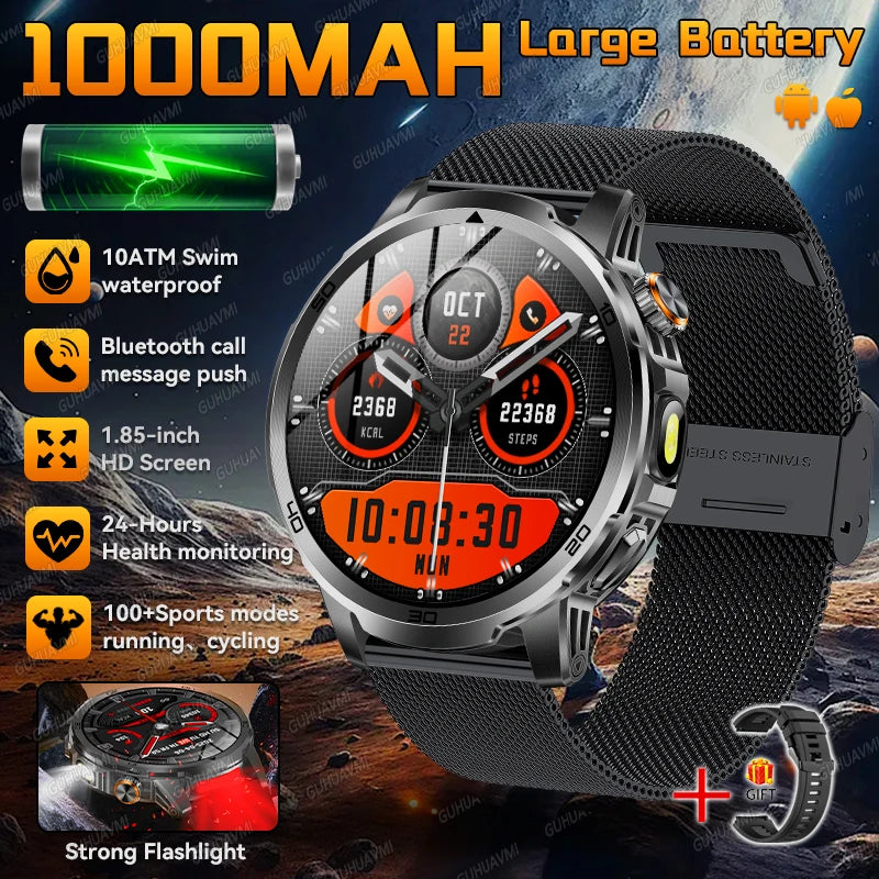 2026 New Outdoor Military Smart Watch For Men 1.85" AMOLED 1000mAh Battery IP69K Swim Flashlight Heart Rate Wireless Call Watchs