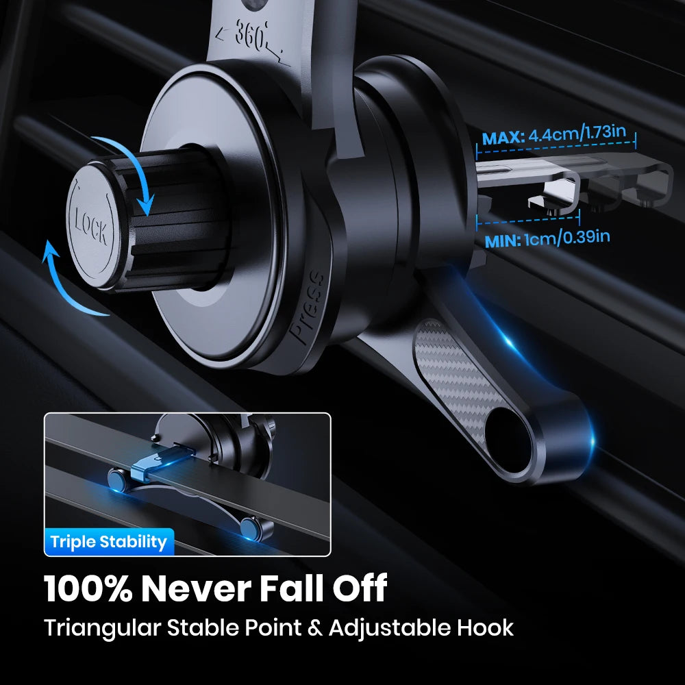 TOPK Car Phone Holder 3-Point Support 360°  Upgraded Extended Hook Design Metal Air Vent Mount Stable Hold for iPhones Androids