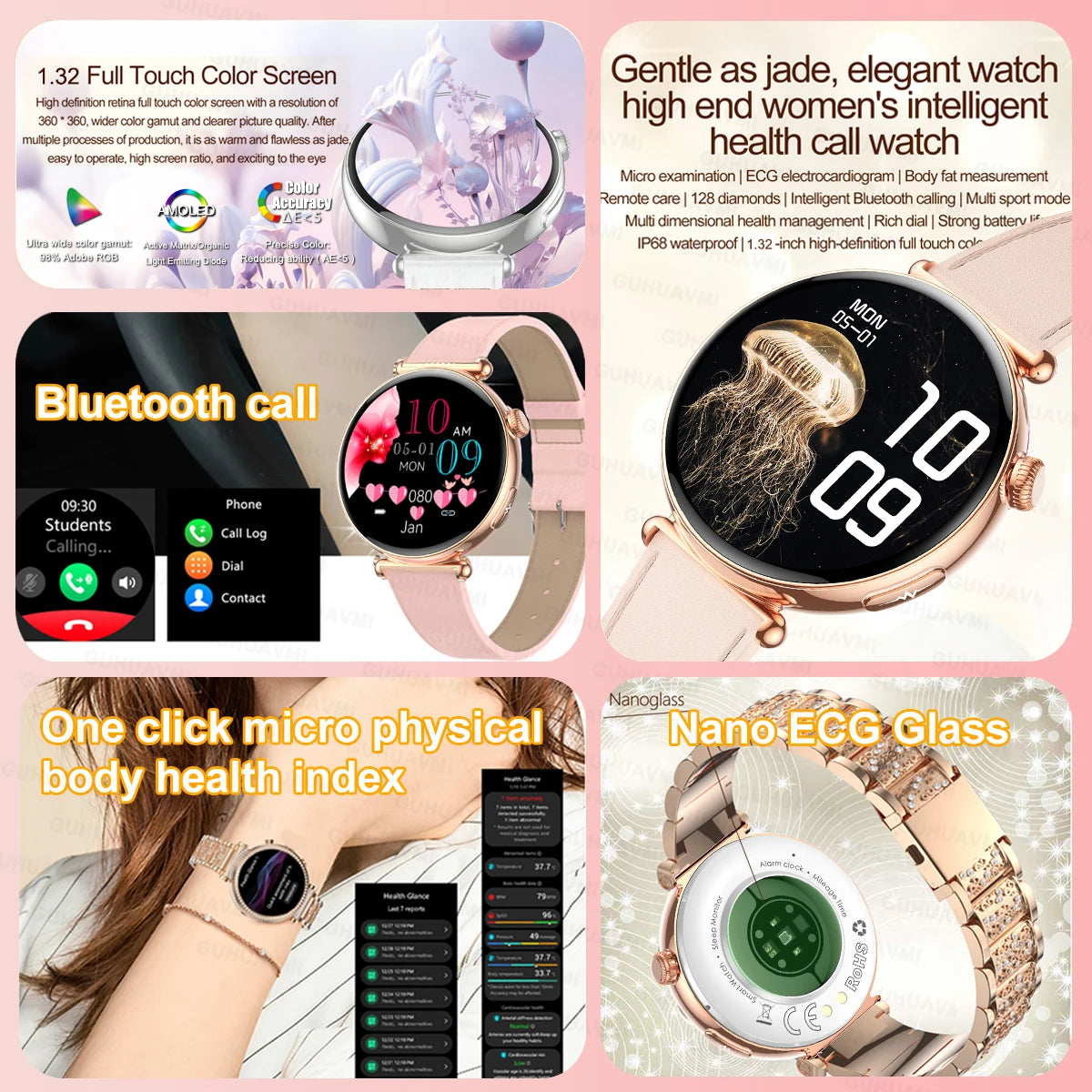 ECG Smart Watch Women 1.32inch AMOLED Screen Sport Watch Blood Pressure Micro physical examination AI dial SmartWatch For Women
