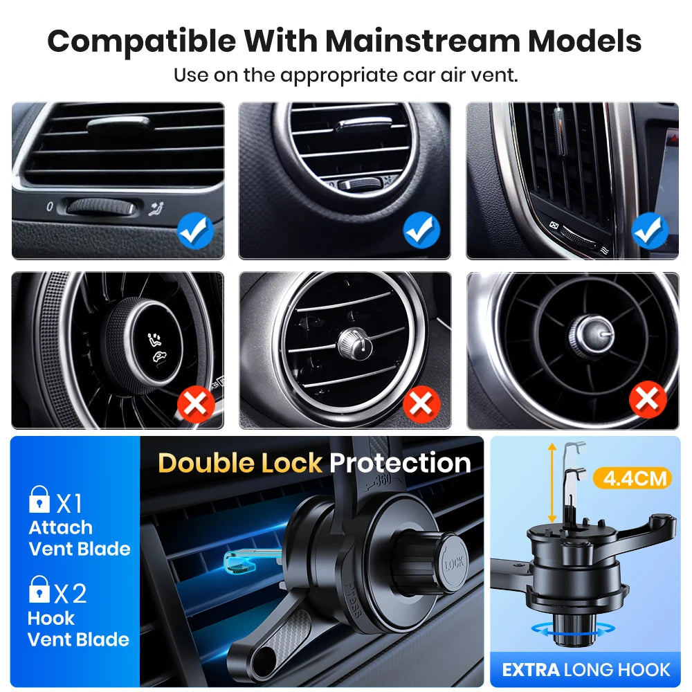TOPK Car Phone Holder 3-Point Support 360°  Upgraded Extended Hook Design Metal Air Vent Mount Stable Hold for iPhones Androids