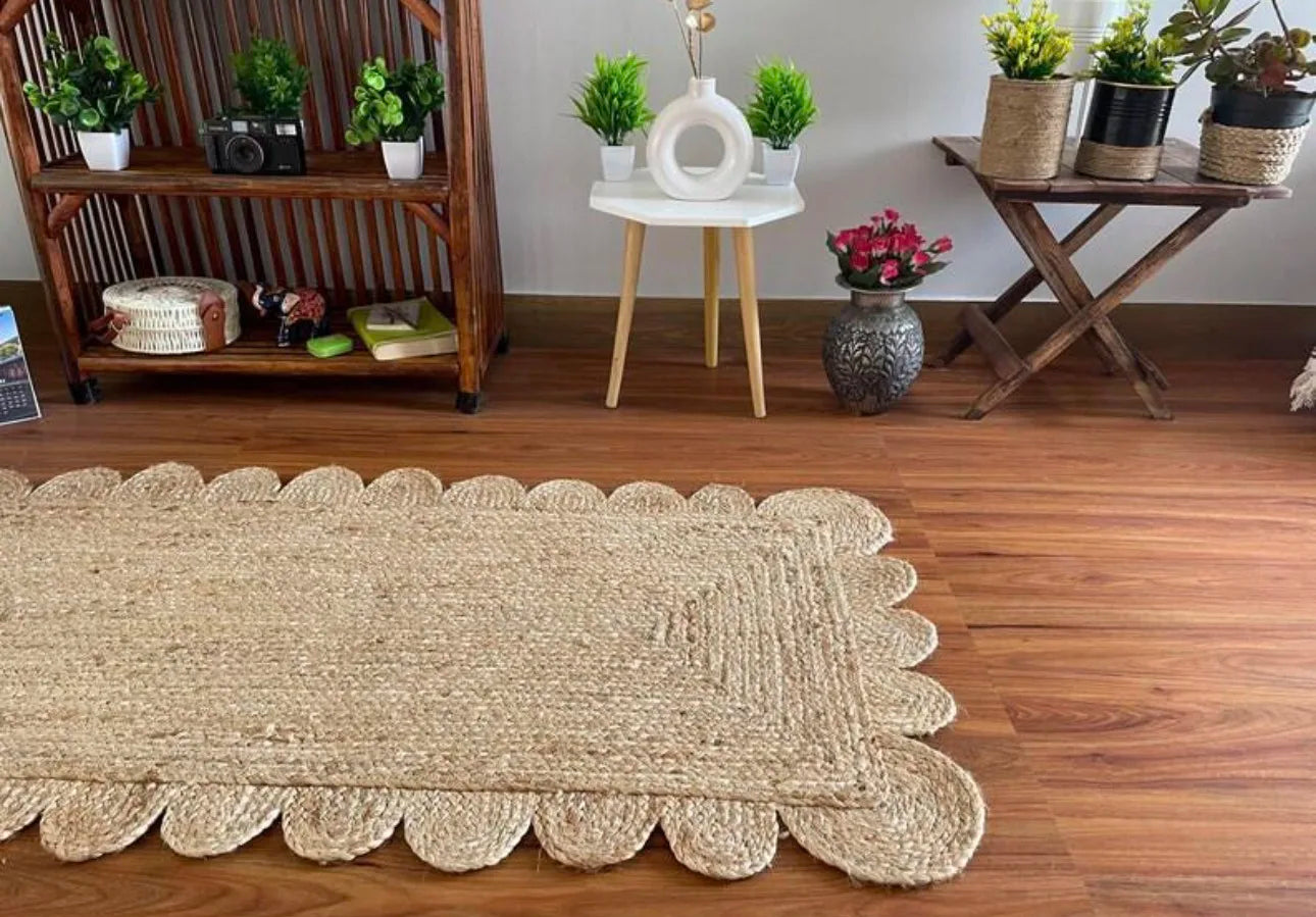 Natural Jute Solid Color Handmade Low Pile Thin Runner Rug Scalloped Edges Eco-Friendly Boho Farmhouse Hallway for Home Decor