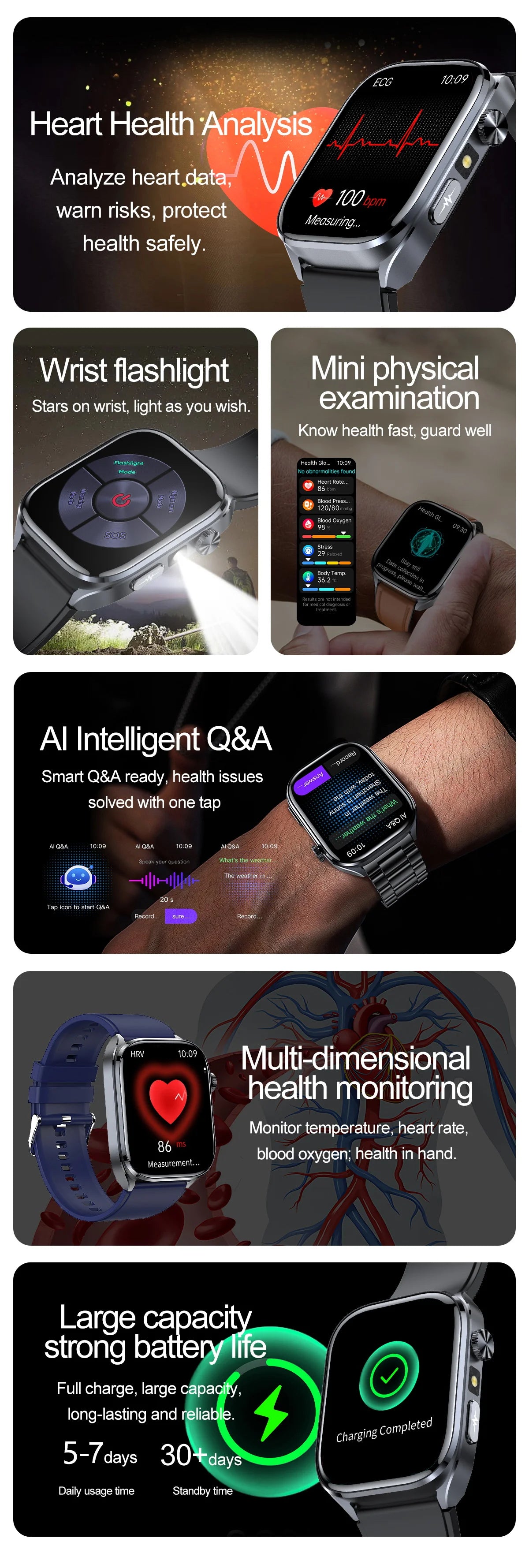 2026 New AI-GPT Health Diagosis Smart Watch Men ECG Blood Pressure Blood Oxygen Lipid Uric Acid Health Analysis Smart Bracelet