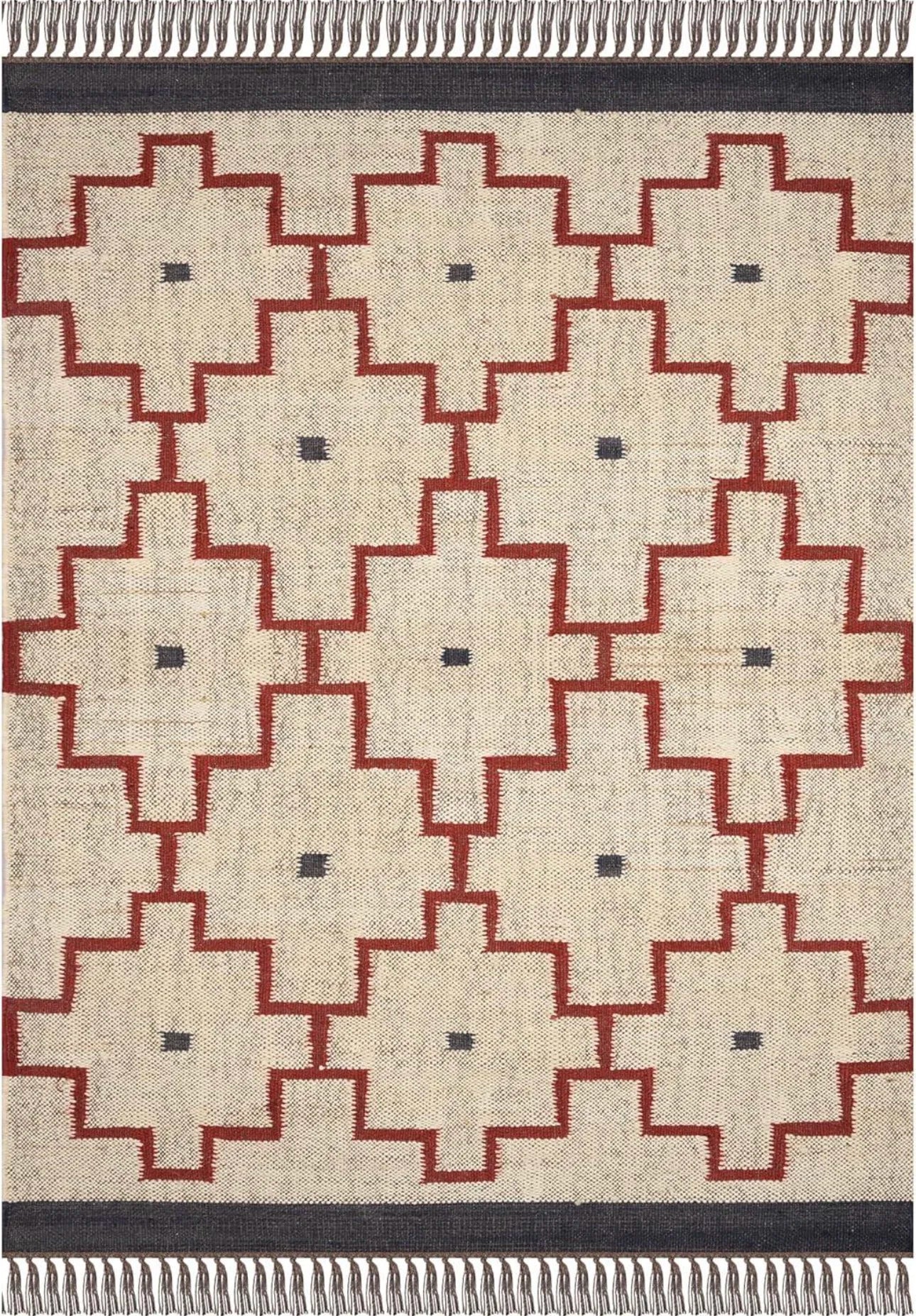Geometric Pattern Jute Rug with Tassel Fringe – Eco-Friendly Boho Cotton Blend Carpet for Living Room & Home Decor