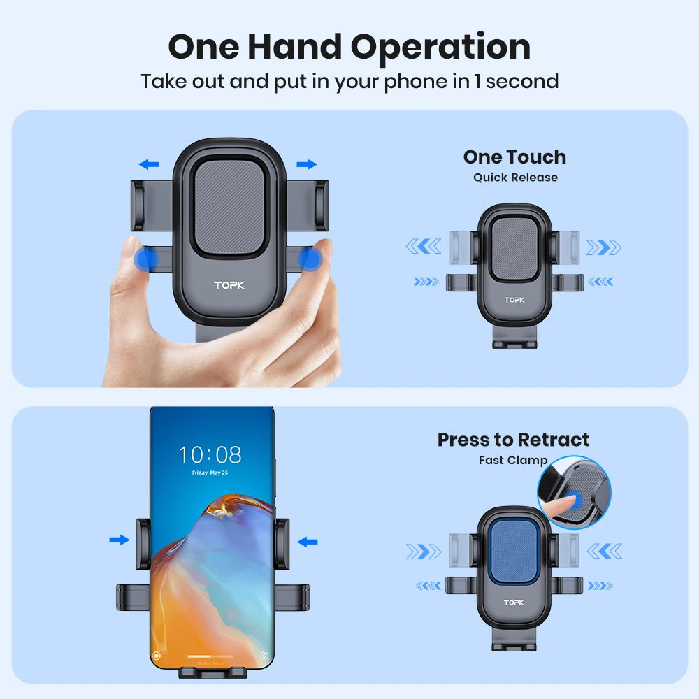 TOPK Car Phone Holder 3-Point Support 360°  Upgraded Extended Hook Design Metal Air Vent Mount Stable Hold for iPhones Androids