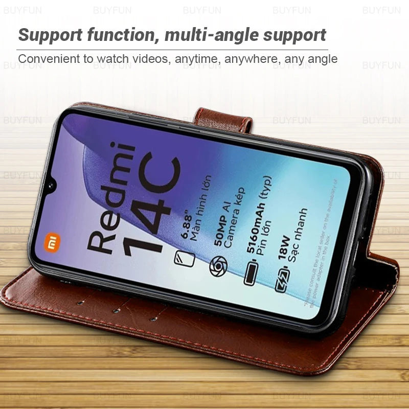 Flip Cover Leather Phone Case For Xiaomi Redmi 14C Shell Book Stand Protection Shell Fundas Redmy 14C 14 C C14 Redmi14C 4G 2024