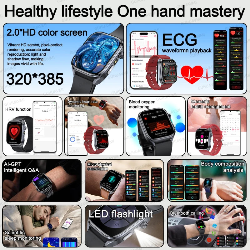 2026 New AI-GPT Health Diagosis Smart Watch Men ECG Blood Pressure Blood Oxygen Lipid Uric Acid Health Analysis Smart Bracelet