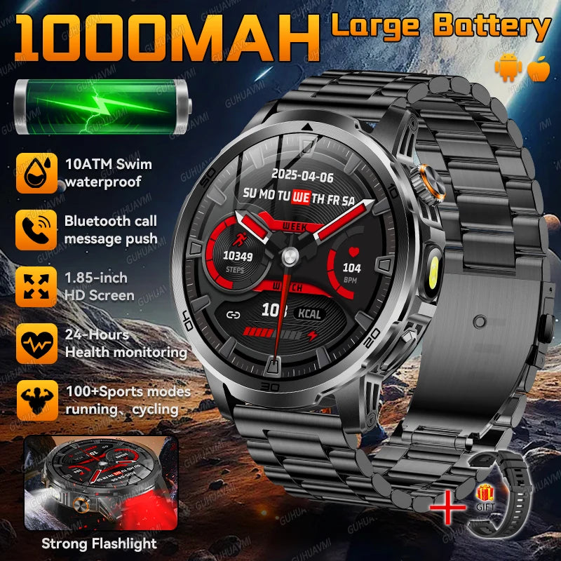 2026 New Outdoor Military Smart Watch For Men 1.85" AMOLED 1000mAh Battery IP69K Swim Flashlight Heart Rate Wireless Call Watchs