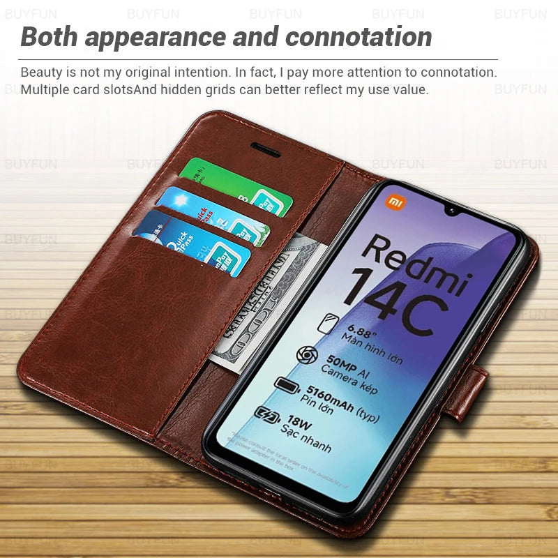 Flip Cover Leather Phone Case For Xiaomi Redmi 14C Shell Book Stand Protection Shell Fundas Redmy 14C 14 C C14 Redmi14C 4G 2024