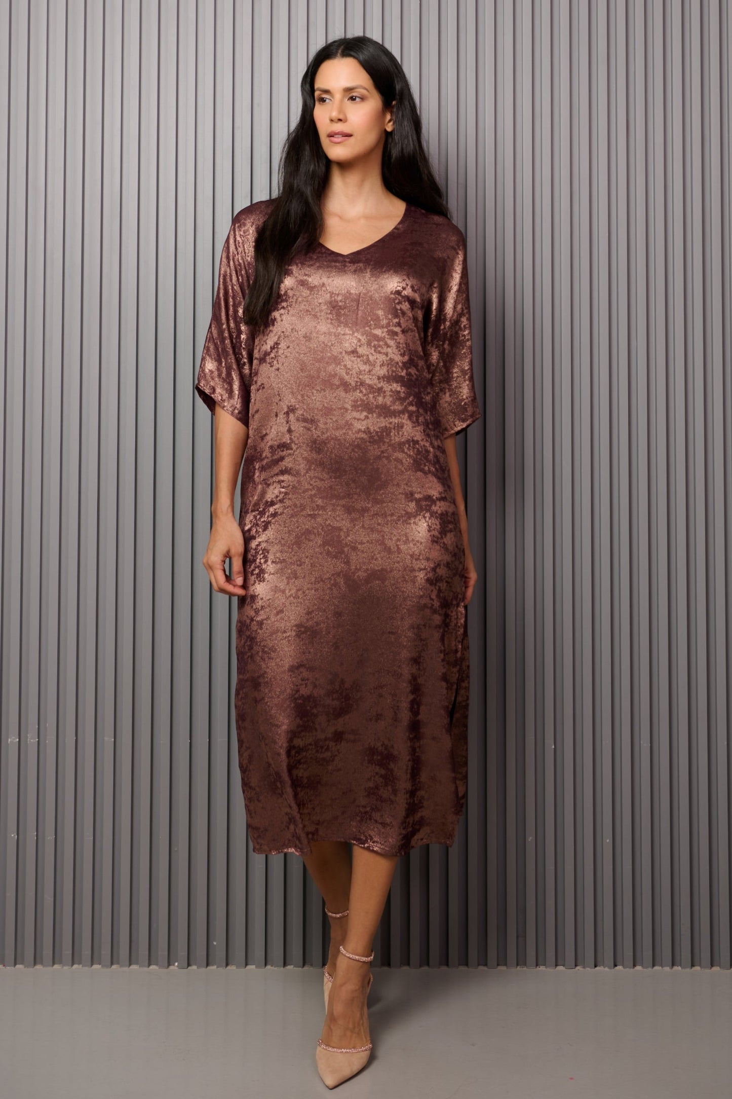 Shadow Of Sequin Shimmer Long Kaftan Dress With Side Slit - French Beige Party Dress